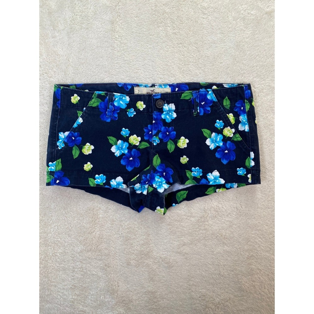 Hollister Blue Floral Low Rise Shorts Navy Cotton Stretch Size 3 W26